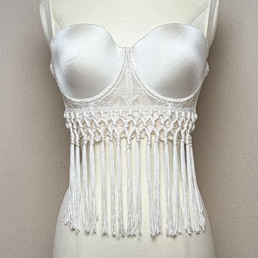 Y2K bebe Lace Fringe Bustier Corset Top Cream Satin Medium - Picture 1 of 5
